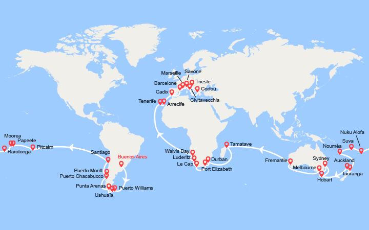 itinéraire croisière Tour du Monde : Tour du Monde 2025 :  de Buenos Aires à Trieste 