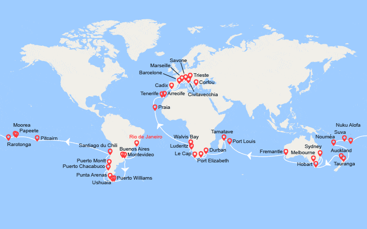 itinéraire croisière Tour du Monde : Tour du Monde 2025 :  de Rio de Janeiro à Trieste 