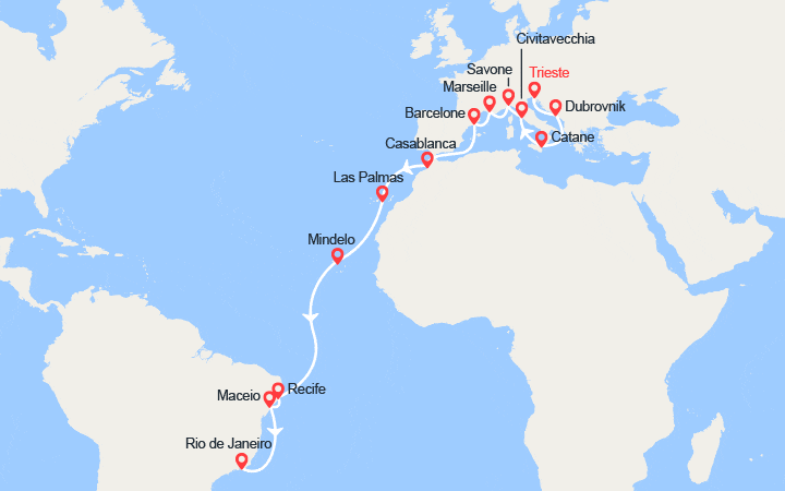 itinéraire croisière Tour du Monde : Tour du Monde 2025 : de Trieste à Rio de Janeiro 