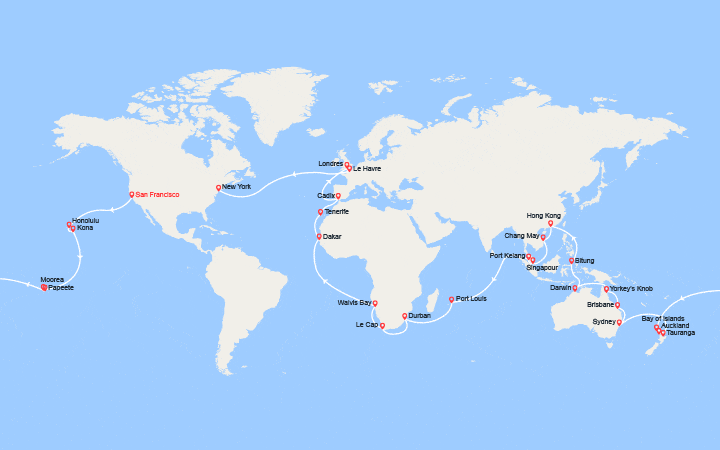 itinéraire croisière Tour du Monde : Tour du Monde 2026 : de San Francisco à New York