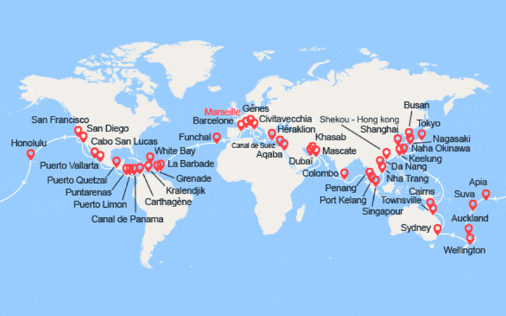 itinéraire croisière Tour du Monde : Tour du Monde 2026 au départ de Marseille 