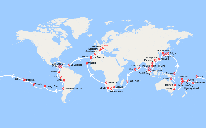 itinéraire croisière Tour du Monde : Tour du Monde 2026 au départ de Savone