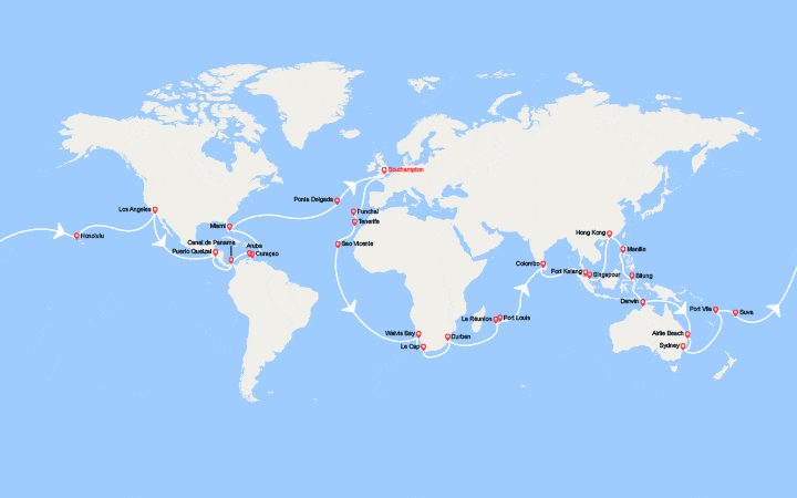 Itinéraire Tour du monde 2026 au départ de Southampton 