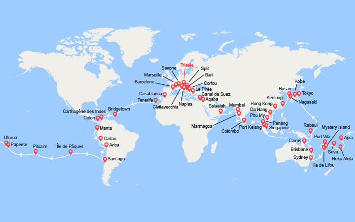 Itinéraire Tour du Monde 2026 au départ de Trieste 