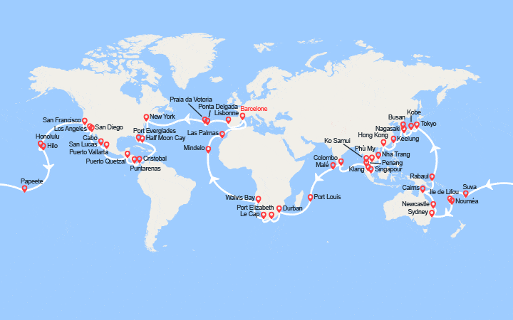 itinéraire croisière Tour du Monde : Tour du Monde 2027 : au départ de Barcelone