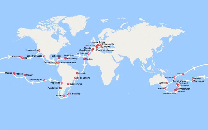 Itinéraire Tour du Monde 2027 au départ de Barcelone 