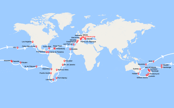 Itinéraire Tour du Monde 2027 au départ de Civitavecchia 