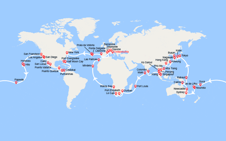 itinéraire croisière Tour du Monde : Tour du Monde 2027 au départ de Civitavecchia