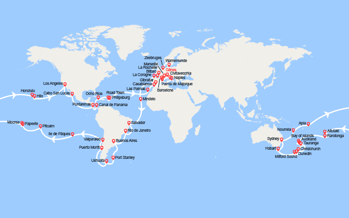 Itinéraire Tour du Monde 2027 au départ de Gênes jusqu'à Warnemünde 