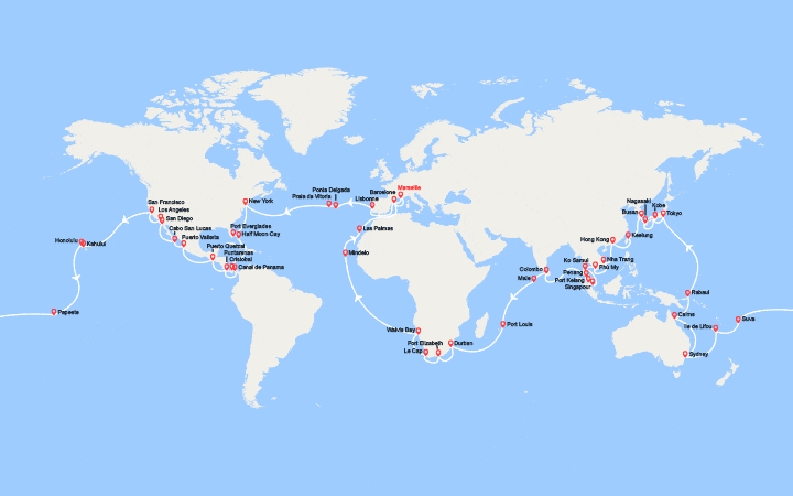 itinéraire croisière Tour du Monde : Tour du Monde 2027 au départ de Marseille