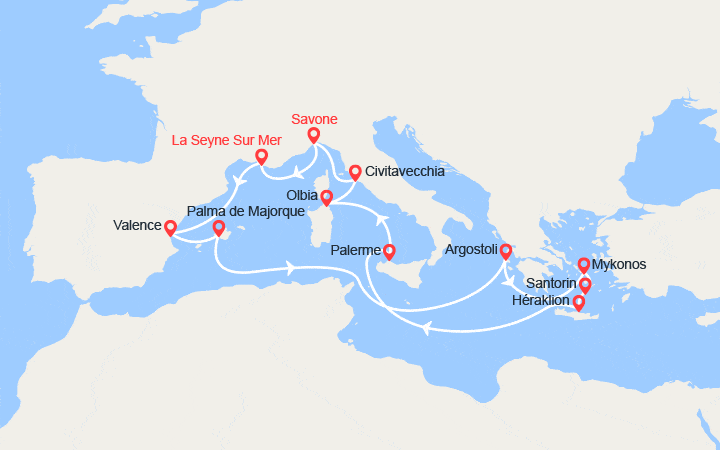 Itinéraire Toute la Méditerranée : Espagne, Baléares, Grèce, Italie 