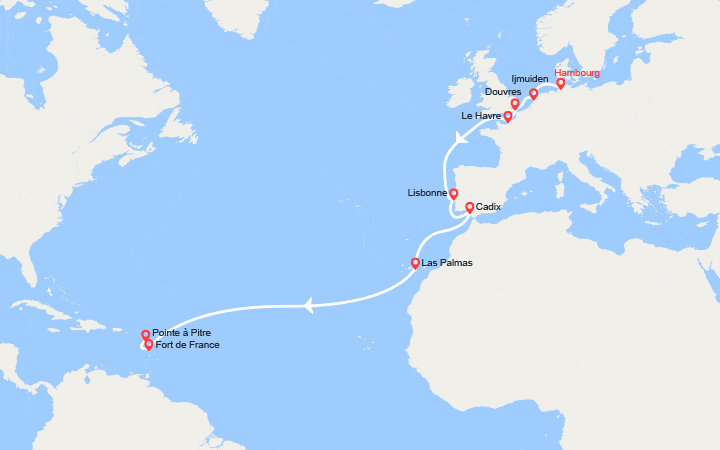 Itinéraire Transatlantique : Allemagne, Grande-Bretagne, France, Portugal, Espagne, Canaries, Antilles 