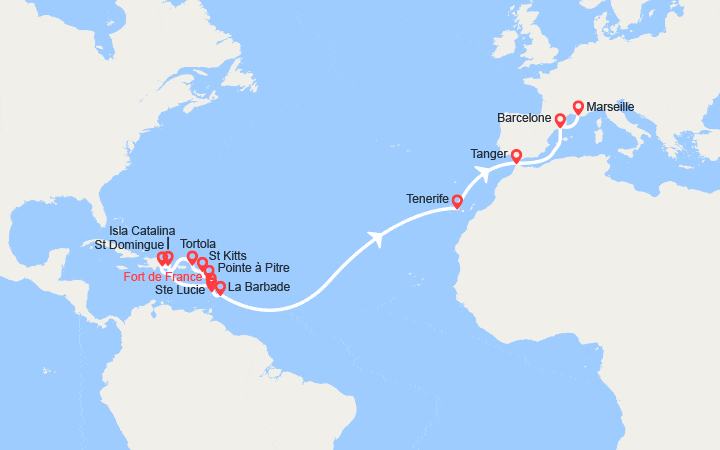 Itinéraire Transatlantique : Antilles, îles Vierges, Canaries, Maroc, Espagne, France 