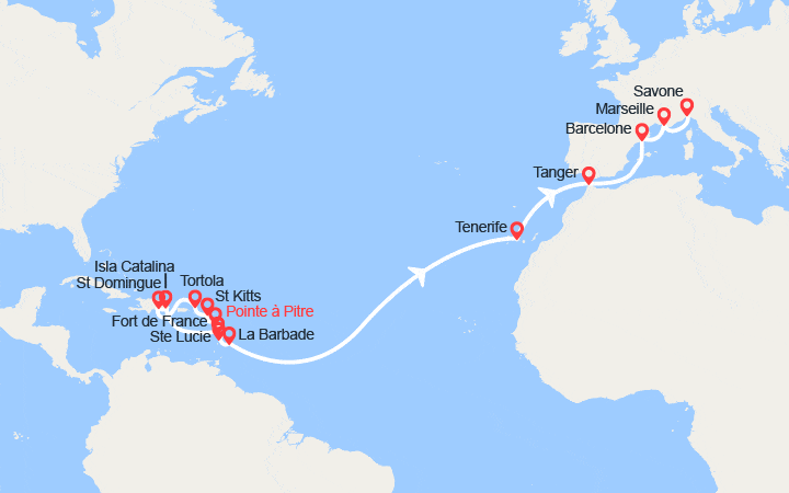 Itinéraire Transatlantique : Antilles, îles Vierges, Canaries, Maroc, Espagne, France, Italie 
