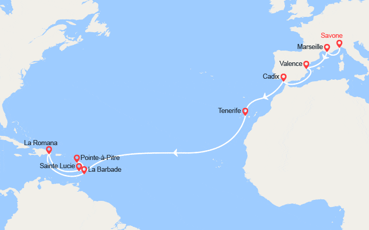itinéraire croisière Transatlantique : Transatlantique : De Savone à Pointe-àPitre 