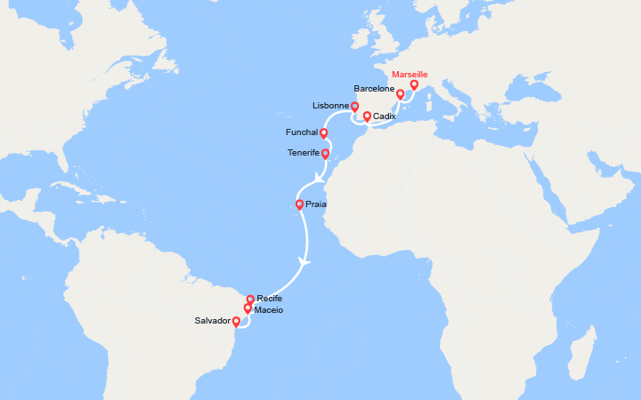 Itinéraire Transatlantique : France, Espagne, Portugal, Madère, Canaries, Brésil 