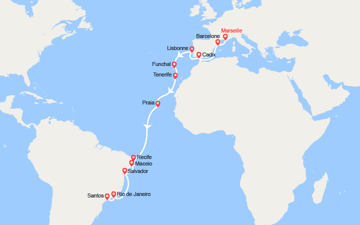 Itinéraire Transatlantique : France, Espagne, Portugal, Madère, Canaries, Brésil 