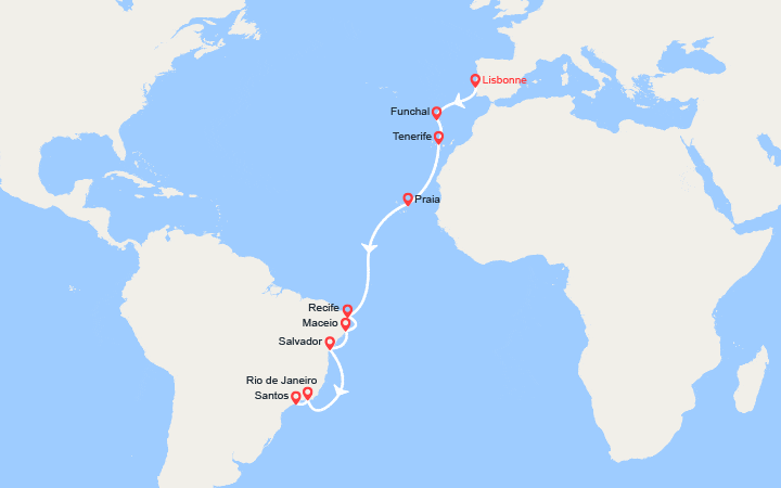 itinéraire croisière Transatlantique : Transatlantique : Portugal, Madère, Canaries, Brésil 