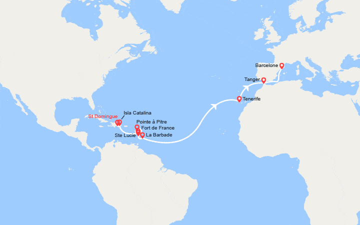 itinéraire croisière Transatlantique : Transatlantique : Rép. Dominicaine, Antilles, Canaries, Maroc, Espagne