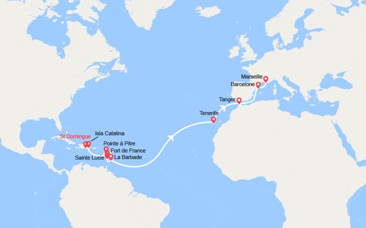 itinéraire croisière Transatlantique : Transatlantique : Rép. Dominicaine, Antilles, Canaries, Maroc, Espagne, France