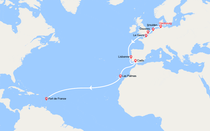 Itinéraire Transatlantique :Allemagne, Grande-Bretagne, France, Portugal, Espagne, Canaries, Antilles 