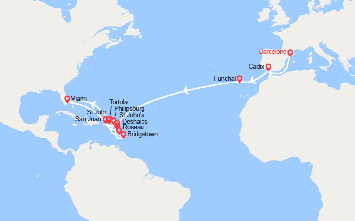 itinéraire croisière Transatlantique - Canaries Madère : Transatlantique, de Barcelone à Miami : Madère, Caraïbes et Antilles 