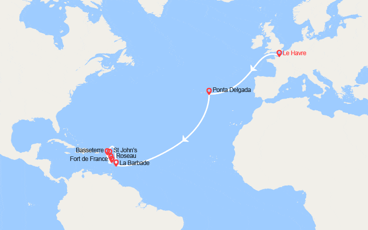 itinéraire croisière Transatlantique : Transatlantique du Havre à Fort de France