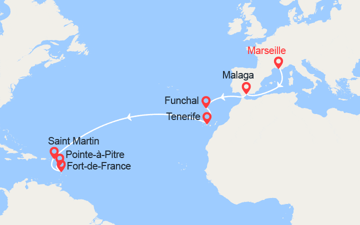 itinéraire croisière Transatlantique : Transatlantique vers les Antilles : de Marseille à Pointe-à-Pitre 