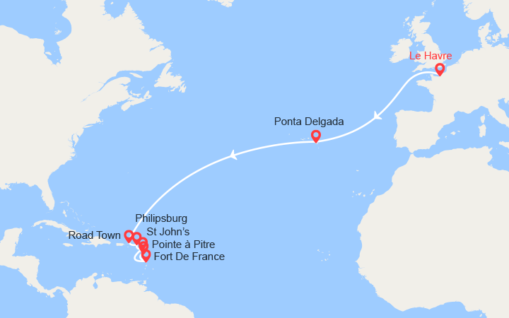 itinéraire croisière Transatlantique : Transatlantique vers les Antilles: du Havre à Pointe-à-Pitre 