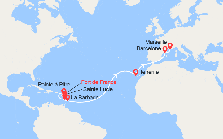 itinéraire croisière Transatlantique : Traversée Atlantique: de Fort-de-France à Marseille