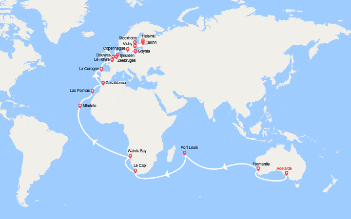Itinéraire Tronçon de Tour du monde 2026 : de Adelaïde à Douvres 