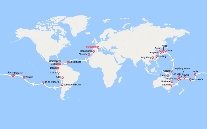 itinéraire croisière Tour du Monde : Tronçon du Tour du Monde 2026 : de Barcelone à Hong Kong