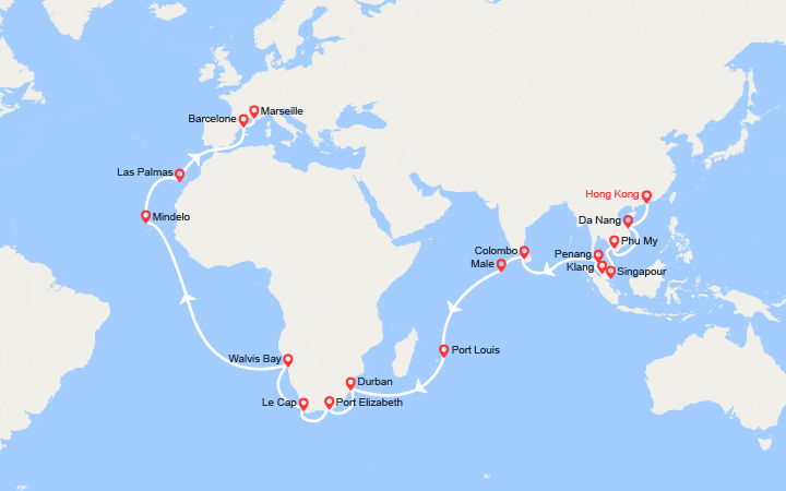 itinéraire croisière Tour du Monde : Tronçon du Tour du Monde 2026 : de Hong Kong à Marseille