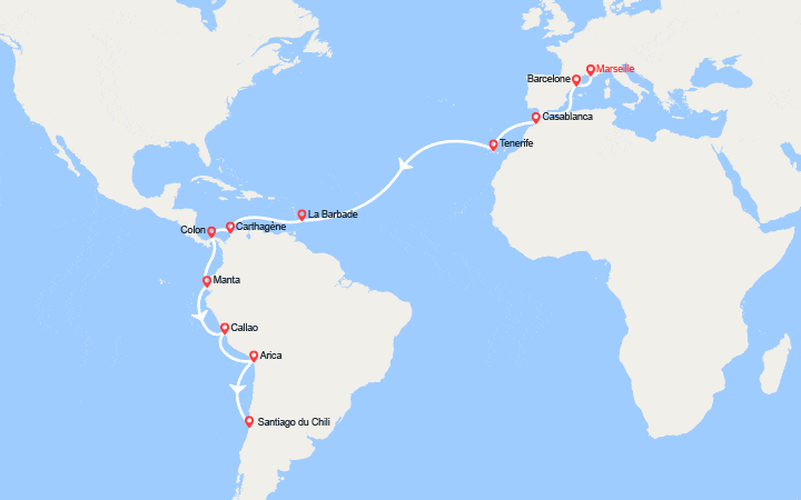 itinéraire croisière Tour du Monde : Tronçon du Tour du Monde 2026 : de Marseille à Santiago du Chili