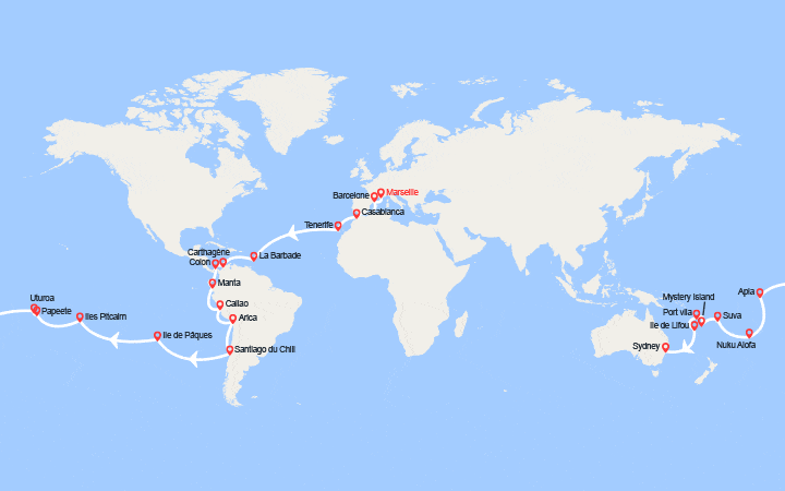 itinéraire croisière Tour du Monde : Tronçon du Tour du Monde 2026 : de Marseille à Sydney