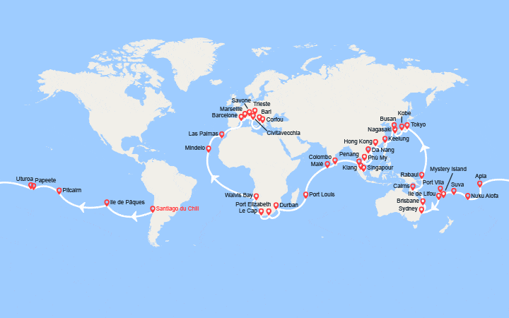 itinéraire croisière Tour du Monde : Tronçon du Tour du Monde 2026 : de Santiago du Chili à Trieste