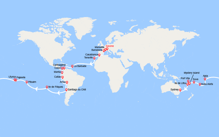itinéraire croisière Tour du Monde : Tronçon du Tour du Monde 2026 : de Savone à Sydney