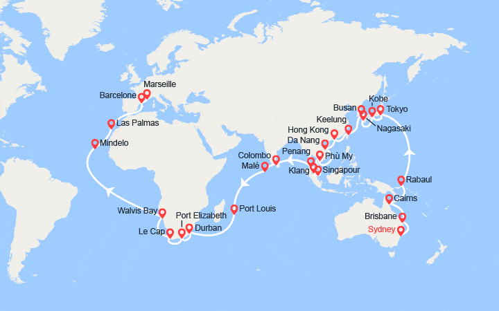 itinéraire croisière Tour du Monde : Tronçon du Tour du Monde 2026 : de Sydney à Marseille