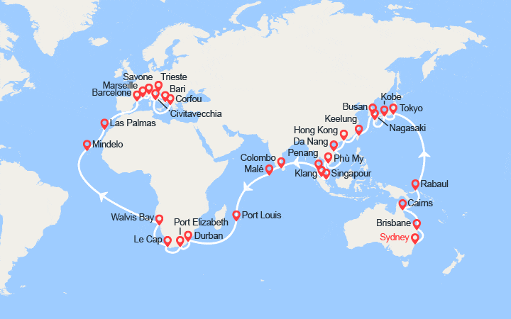 itinéraire croisière Tour du Monde : Tronçon du Tour du Monde 2026 : de Sydney à Trieste