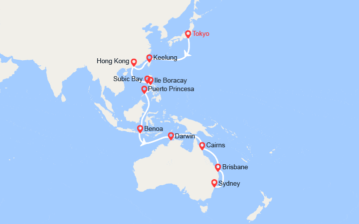 Itinéraire Tronçon du Tour du Monde 2026 : de Tokyo à Sydney 