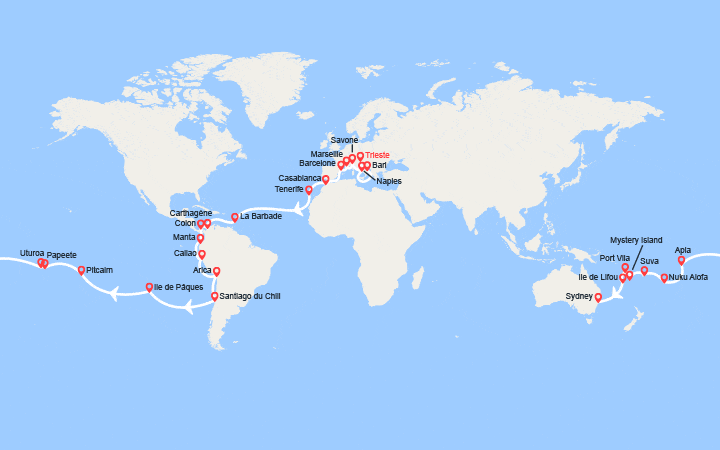 itinéraire croisière Tour du Monde : Tronçon du Tour du Monde 2026 : de Trieste à Sydney