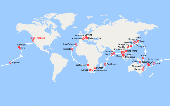 Itinéraire Tronçon du Tour du Monde 2027 : de San Francisco à Civitavecchia 