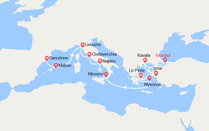 itinéraire croisière Méditerranée Orientale : Turquie, Grèce, Italie, Minorque, Espagne : d'Istanbul à Barcelone