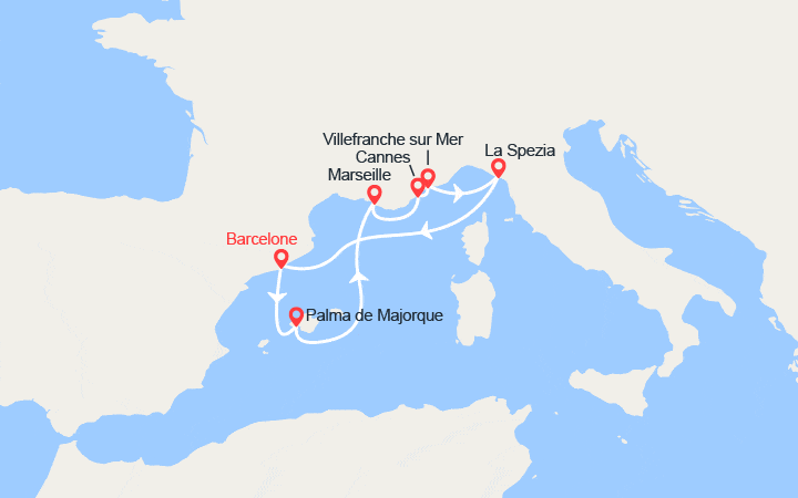 Itinéraire Valence, Palma de Majorque, Marseille, Villefranche, Cannes 