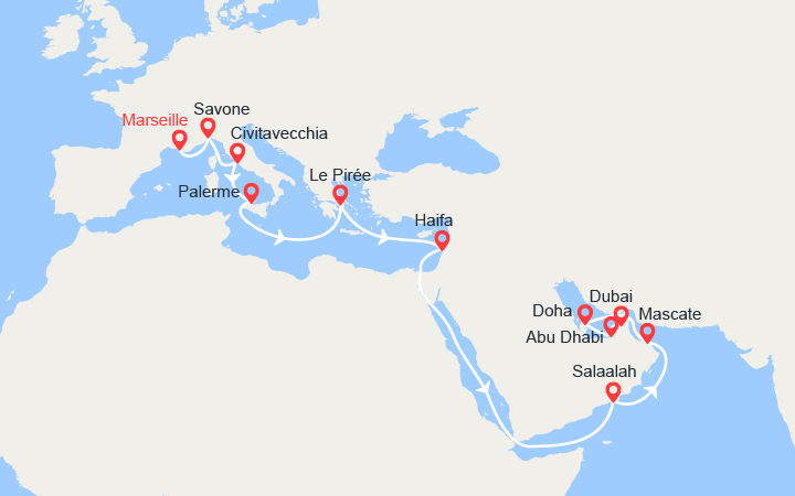 itinéraire croisière Moyen Orient : Vers le Moyen Orient: de Marseille à Dubaï 