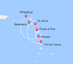 itinéraire croisière Caraïbes et Antilles : Martinique, Guadeloupe, Dominique, St Maarten, Antigua, St Kitts 