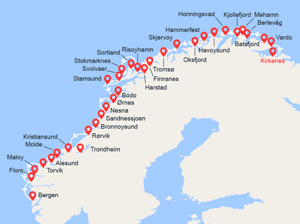 itinéraire croisière Fjords - Fjords : Côte Norvégienne: de Kirkenes à Bergen 