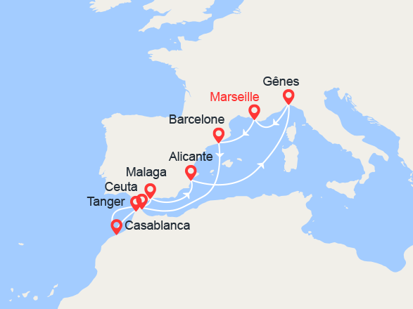 itinéraire croisière Méditerranée : Espagne, Casablanca, Italie - OFFRE BLACK FRIDAY