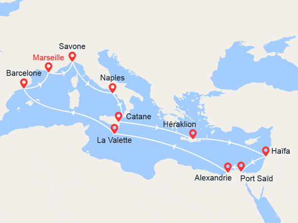 itinéraire croisière Iles grecques : France, Italie, Grèce, Egypte, Malte, Espagne