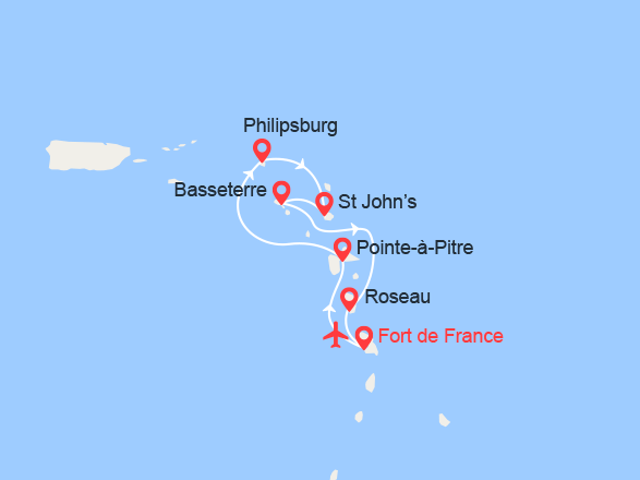 itinéraire croisière Caraïbes et Antilles : Guadeloupe, St Martin, Antigua, St Kitts, La Dominique 